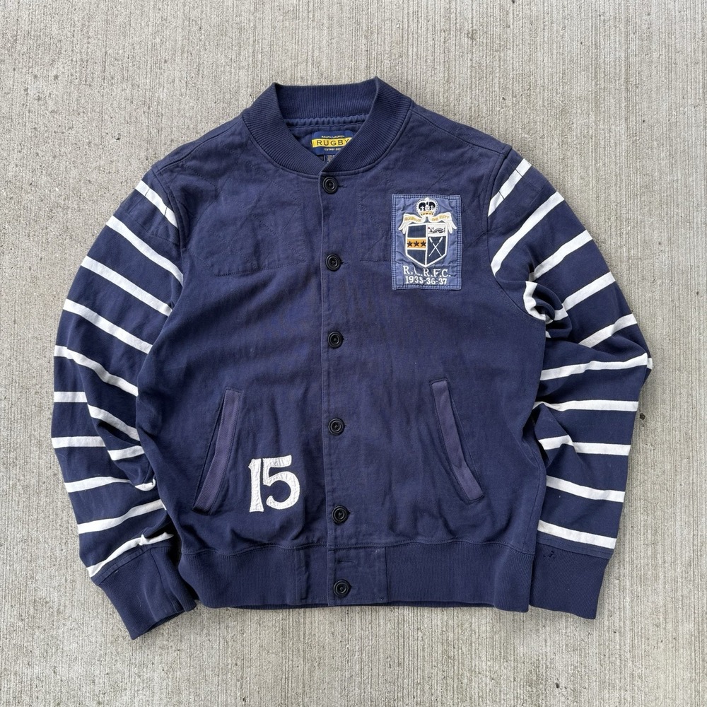 Ralph Lauren Rugby Striped Bomber Sweatshirt Jacket Blue Mens M Vintage